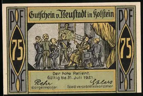 Notgeld Neustadt in Holstein 1921, 75 Pfennig, Der hohe Patient, Flusspartie Am Strange