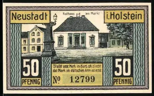 Notgeld Neustadt in Holstein 1921, 50 Pfennig, Rathaus am Markt, Das Eisenbahn-Projekt