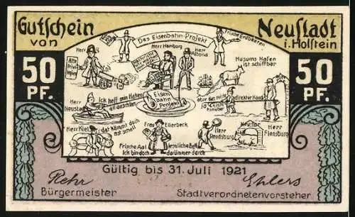 Notgeld Neustadt in Holstein 1921, 50 Pfennig, Rathaus am Markt, Das Eisenbahn-Projekt