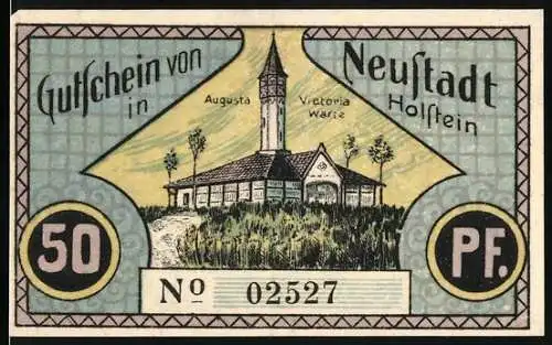Notgeld Neustadt in Holstein 1921, 50 Pfennig, Augusta Victoria Warte, Niestäster Lögenbarg