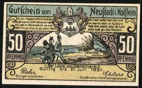 Notgeld Neustadt in Holstein 1921, 50 Pfennig, Ortsansicht mit Kirche, Der Löwe von Dänemark, Wappen