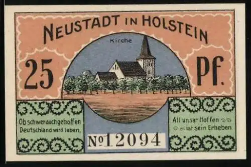 Notgeld Neustadt in Holstein 1921, 25 Pfennig, Kirche, Ein dänisch gesinnter Mensch und ein Patriot