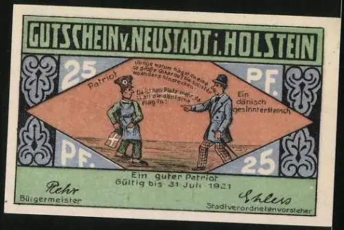 Notgeld Neustadt in Holstein 1921, 25 Pfennig, Kirche, Ein dänisch gesinnter Mensch und ein Patriot