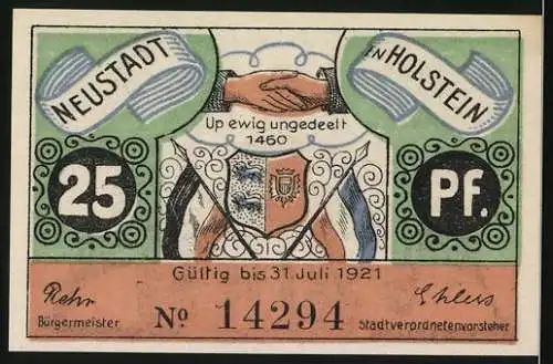 Notgeld Neustadt in Holstein 1921, 25 Pfennig, Das königliche Wort Up ewig ungedeelt 1460, Wappen