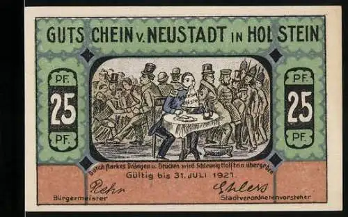 Notgeld Neustadt in Holstein 1921, 25 Pfennig, Leuchtturm Pelzerhaken, Mann übergibt sich in den Suppenteller