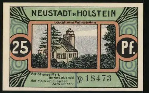 Notgeld Neustadt in Holstein 1921, 25 Pfennig, Leuchtturm Pelzerhaken, Mann übergibt sich in den Suppenteller