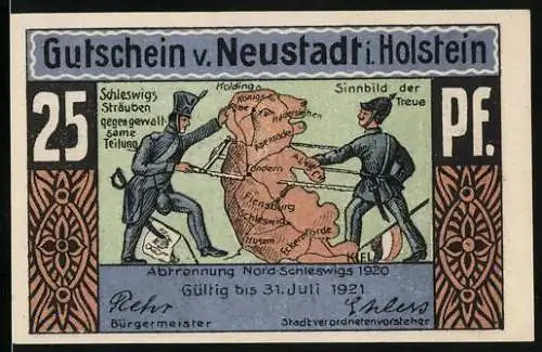 Notgeld Neustadt in Holstein 1921, 25 Pfennig, Abtrennung Nord-Schleswigs 1920, Jungfernstieg