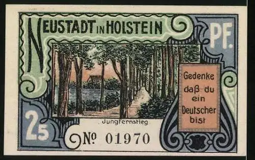Notgeld Neustadt in Holstein 1921, 25 Pfennig, Abtrennung Nord-Schleswigs 1920, Jungfernstieg