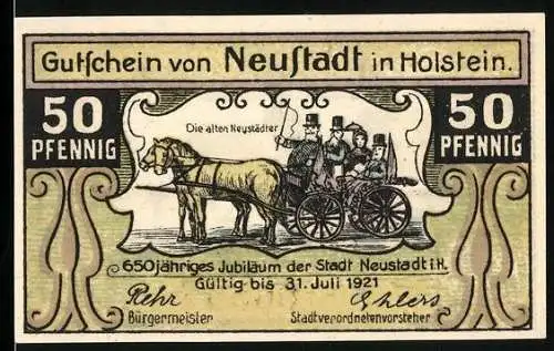 Notgeld Neustadt in Holstein 1921, 50 Pfennig, Hafenpartie, Die alten Neustädter in der Kutsche