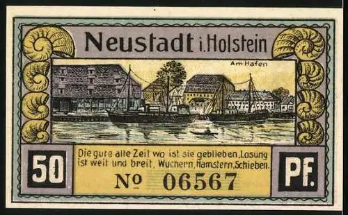 Notgeld Neustadt in Holstein 1921, 50 Pfennig, Hafenpartie, Die alten Neustädter in der Kutsche