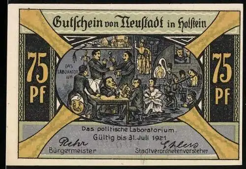 Notgeld Neustadt in Holstein 1921, 75 Pfennig, Hafenpartie, Das politische Laboratorium