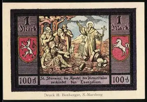 Notgeld Nieder-Marsberg 1921, 1 Mark, St. Sturmius verkündet das Evangelium, Bilstein und Wappen