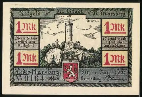 Notgeld Nieder-Marsberg 1921, 1 Mark, St. Sturmius verkündet das Evangelium, Bilstein und Wappen