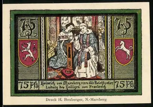 Notgeld Nieder-Marsberg 1921, 75 Pfennig, Heinrich von Marsberg als Beichtvater, Bilstein und Wappen