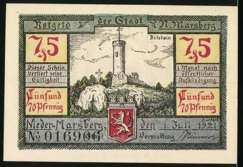 Notgeld Nieder-Marsberg 1921, 75 Pfennig, Heinrich von Marsberg als Beichtvater, Bilstein und Wappen