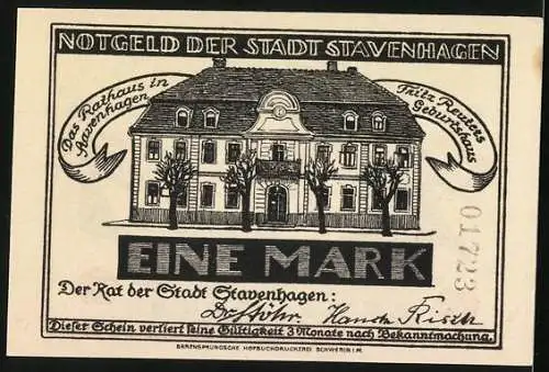 Notgeld Stavenhagen, 1 Mark, Bildnis Fritz Reuter, Rathaus und Fritz Reuters Geburtshaus