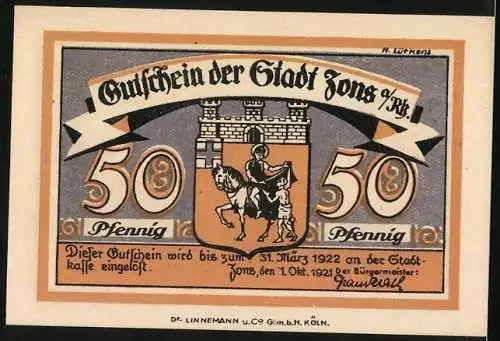 Notgeld Zons / Rhein 1921, 50 Pfennig, Rheinturm und Wappen