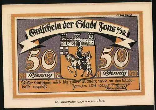 Notgeld Zons / Rhein 1921, 50 Pfennig, Stadtgraben und Wappen