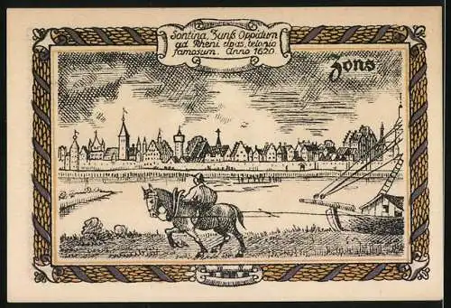 Notgeld Zons / Rhein 1921, 50 Pfennig, Panorama und Rheinpartie, Wappen