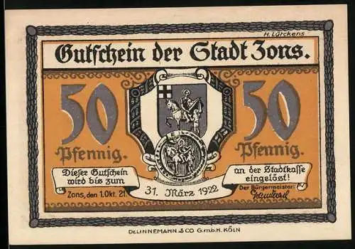 Notgeld Zons / Rhein 1921, 50 Pfennig, Stadtansicht um 1400, Wappen