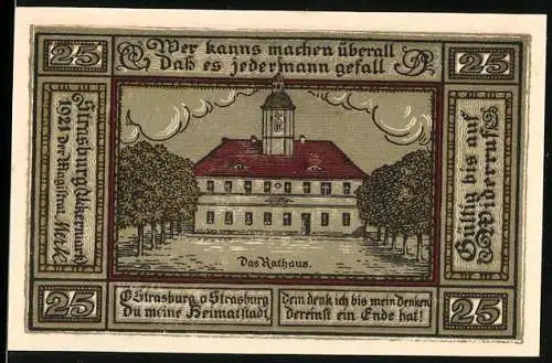 Notgeld Strasburg / Uckermark 1921, 25 Pfennig, Rathaus, Stadtpanorama und Wappen