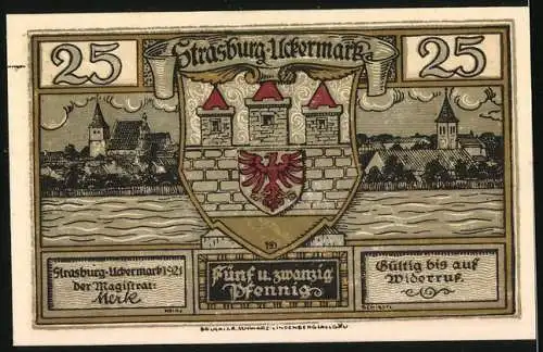 Notgeld Strasburg / Uckermark 1921, 25 Pfennig, Rathaus, Stadtpanorama und Wappen