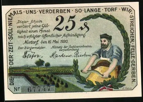 Notgeld Nortorf 1920, 25 Pfennig, Handwerker bei der Arbeit, Wappen