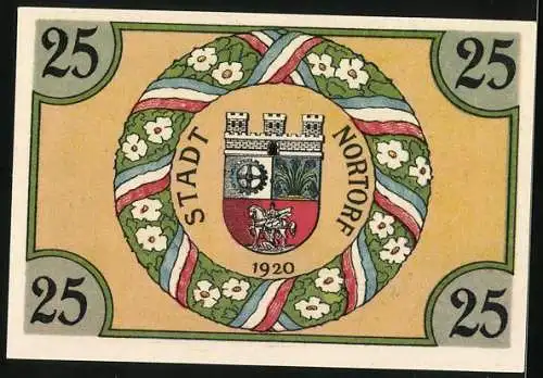 Notgeld Nortorf 1920, 25 Pfennig, Handwerker bei der Arbeit, Wappen
