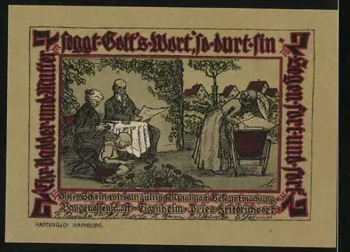 Notgeld Pries-Friedrichsort, 2 Mark, Kirche, Mutter blickt in den Kinderwagen, Grosseltern bei der Lektüre, Kind spielt