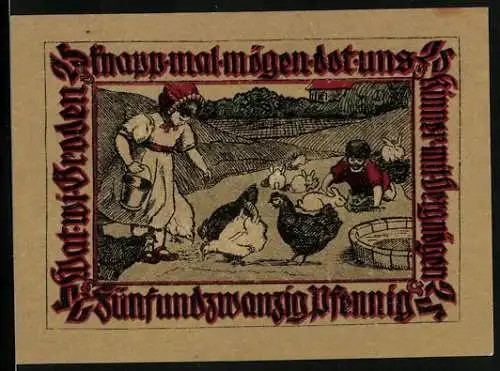 Notgeld Pries-Friedrichsort, 25 Pfennig, Kinder füttern die Hühner, Arbeiter mit Schaufel, Blick zum Leuchtturm