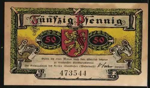 Notgeld Altenkirchen 1921, 50 Pfennig, Bauer bringt die Saat auf das Feld, Fabrikanlagen und Wappen