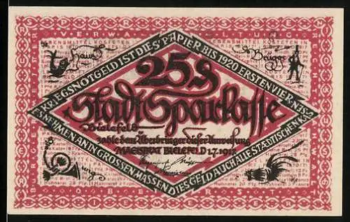 Notgeld Bielefeld 1917, 25 Pfennig, Posthorn, Hahn, Spaziergänger mit Zylinder und Fisch