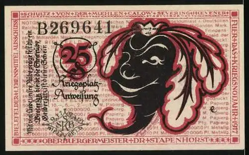 Notgeld Bielefeld 1917, 25 Pfennig, Posthorn, Hahn, Spaziergänger mit Zylinder und Fisch