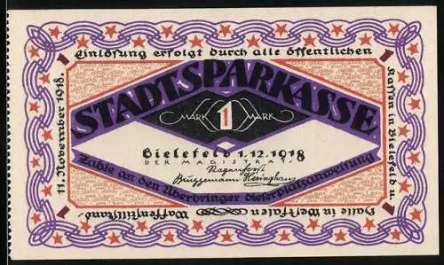 Notgeld Bielefeld 1918, 1 Mark, Soldat beim Bocksprung Freie Bahn dem Tüchtigen