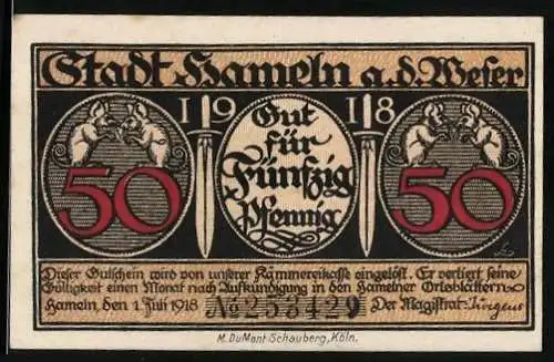 Notgeld Hameln a. d. Weser 1918, 50 Pfennig, Rattenfänger führt die Kinder aus der Stadt