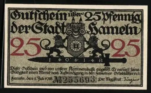 Notgeld Hameln 1918, 25 Pfennig, Wappen, Rattenfänger führt die Kinder aus der Stadt