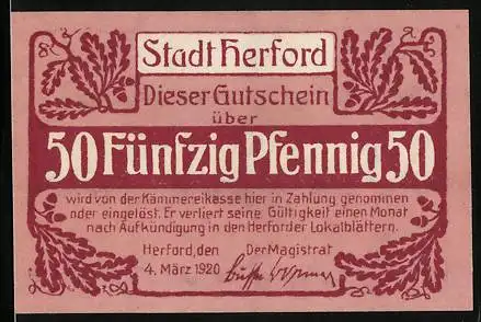 Notgeld Herford 1920, 50 Pfennig, Hermannsdenkmal und Wappen