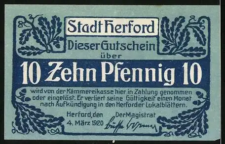 Notgeld Herford 1920, 10 Pfennig, Hermannsdenkmal und Wappen