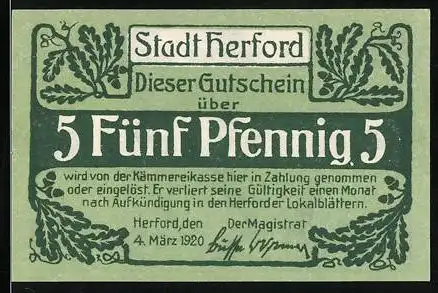 Notgeld Herford 1920, 5 Pfennig, Hermannsdenkmal und Wappen