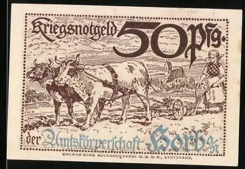 Notgeld Horb a. N. 1918, 50 Pfennig, Bäuerin bei der Feldarbeit