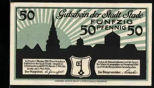 Notgeld Stade 1920, 50 Pfennig, Panorama und Wappen der Stadt vor aufgehender Sonne