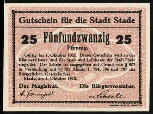 Notgeld Stade 1918, 25 Pfennig, Stadtschlüssel und Ornamentik