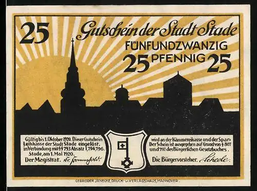 Notgeld Stade 1920, 25 Pfennig, Panorama und Wappen der Stadt vor aufgehender Sonne