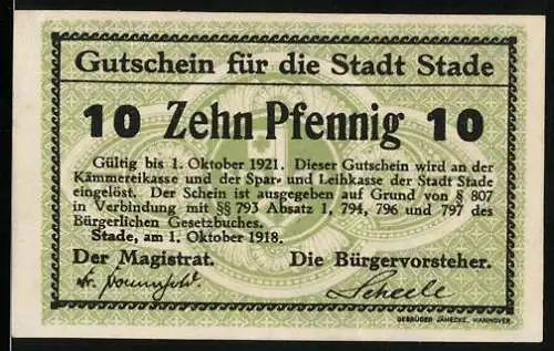 Notgeld Stade 1918, 10 Pfennig, Stadtschlüssel und Ornamentik