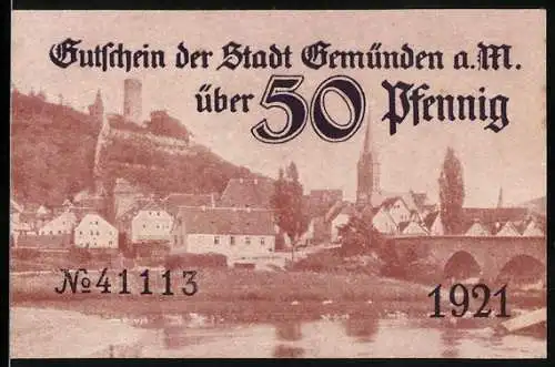Notgeld Gemünden a. M. 1921, 50 Pfennig, Stadtpanorama mit Flusspartie und Brücke, Wappen