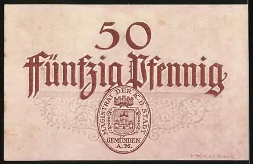 Notgeld Gemünden a. M. 1921, 50 Pfennig, Stadtpanorama mit Flusspartie und Brücke, Wappen