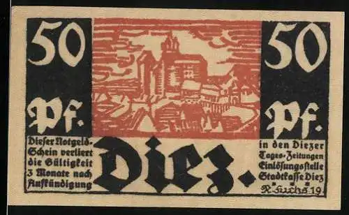 Notgeld Diez a. d. Lahn 1919, 50 Pfennig, Stadtansicht und Bildnis der Gräfin Walburg von Epstein
