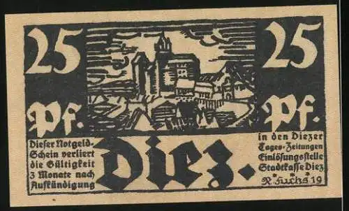 Notgeld Diez a. d. Lahn 1919, 25 Pfennig, Stadtansicht und Bildnis der Gräfin Walburg von Epstein