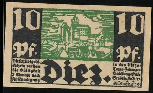 Notgeld Diez a. d. Lahn 1919, 10 Pfennig, Stadtansicht und Bildnis der Gräfin Walburg von Epstein