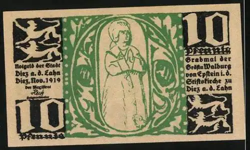 Notgeld Diez a. d. Lahn 1919, 10 Pfennig, Stadtansicht und Bildnis der Gräfin Walburg von Epstein